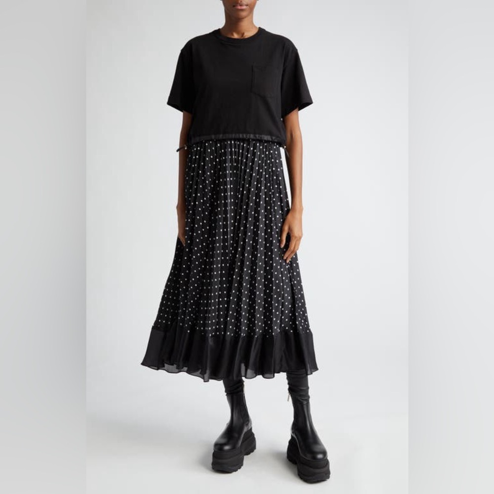 Sacai Mixed Media Pleated Dress in Black size 2 (medium)